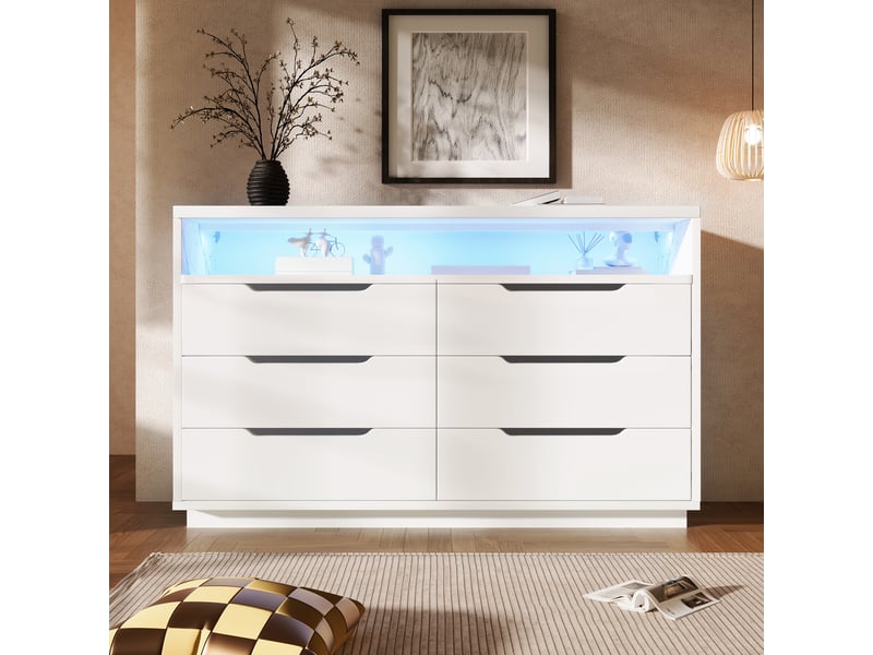 Commode blanche 120x40x85 cm avec 6 tiroirs, led et niche effet marbre - Conforama B