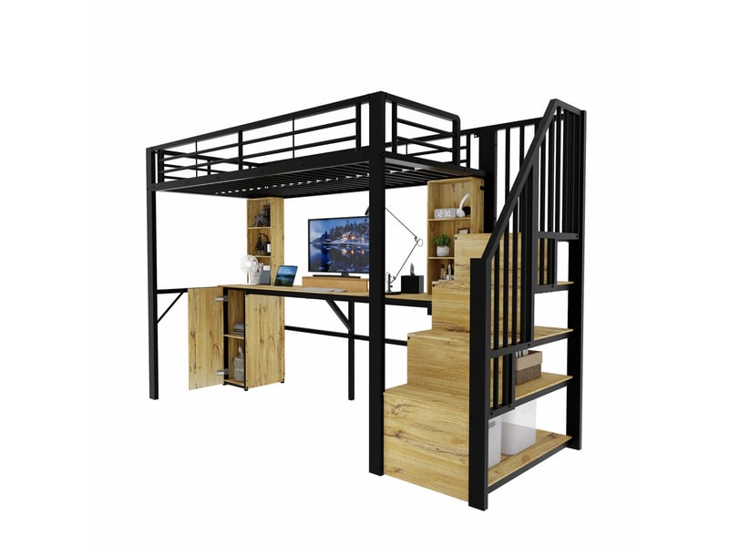  Lit mezzanine métal 90x200cm avec bureau, rangements et charge usb  - Conforama A
