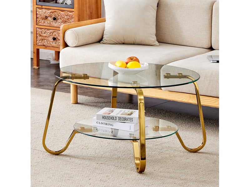  Table basse 2 niveaux pour salon, structure stable, métal doré et plateaux en verre, style moderne  - Conforama D