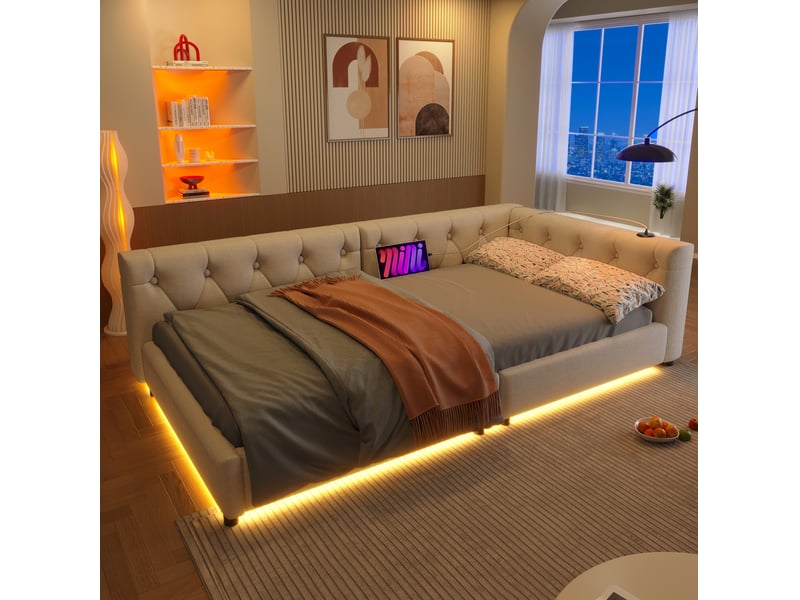  Lit banquette 90x200 cm avec led, usb et usb-c coloris beige  - Conforama D
