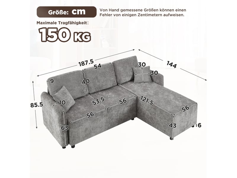  Canapé d'angle droit 3 places compact avec méridienne, 2 coussins et assise en mousse, chenille grise  - Conforama C