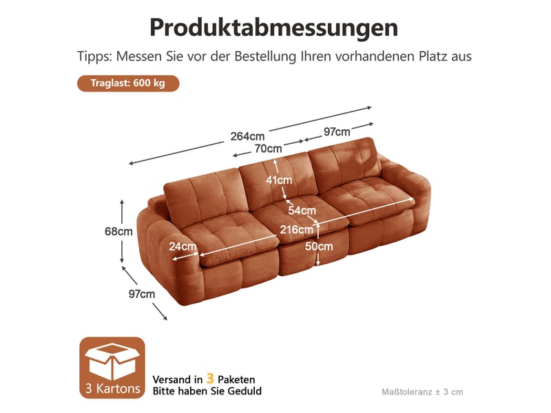 Canapé modulable 3 places 264x97x68 cm en chenille orange - Conforama C