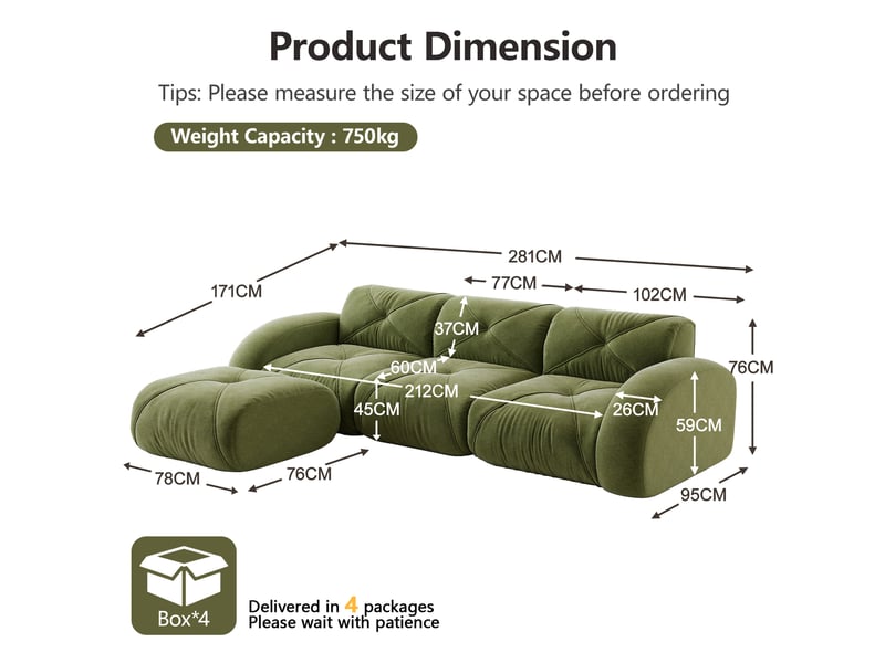 Canapé modulaire d'angle avec assise en chenille, structure sans cadre et confort moelleux, vert - Conforama E