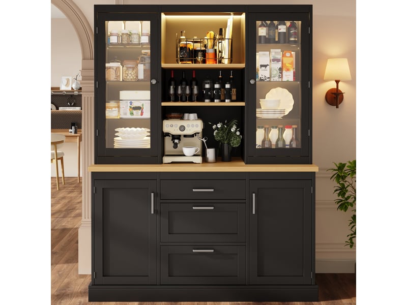  Rayofi buffet de cuisine 140 x 40 x 185 cm - 3 tiroirs, étagères réglables, plan de travail, led rgb contrôlables par application, noir  - Conforama B