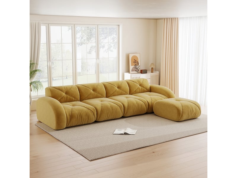 Canapé d'angle modulaire 4 places avec repose-pieds, assise en mousse dense et tissu chenille, jaune - Conforama D
