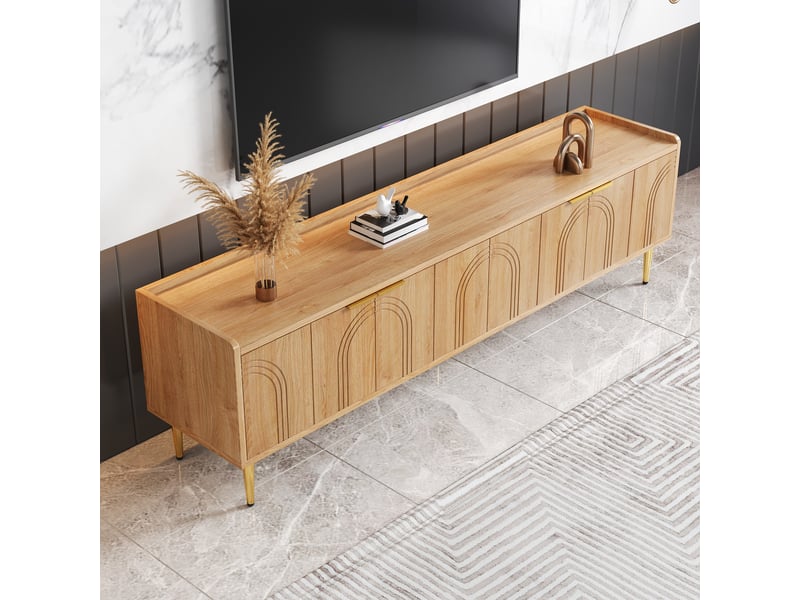  Meuble tv 170 cm bois naturel avec portes sculptées 3d, meuble tv avec pieds dorés et rangement  - Conforama R