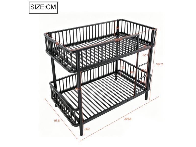  Lit superposé metallique 90x200cm coins arrondis pieds surleves barriere securite gain de place noir noir  - Conforama C