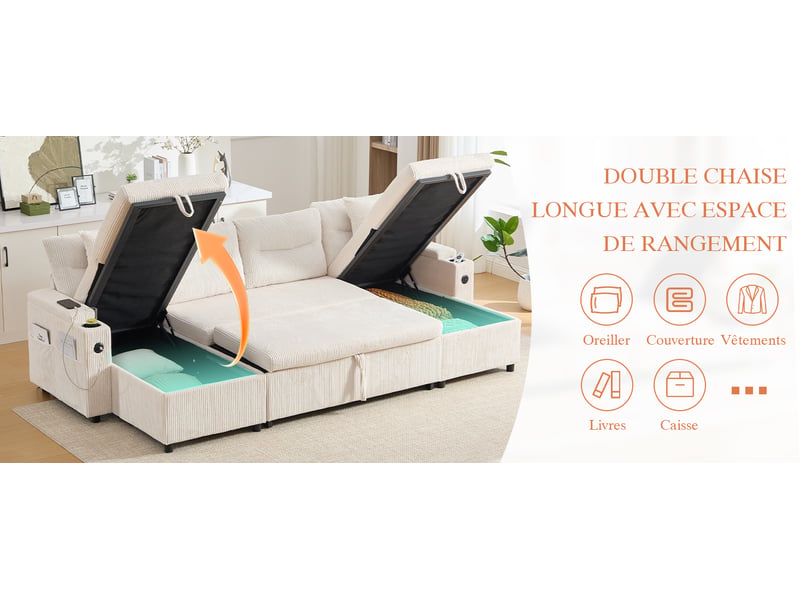  Canapé droit 4 places en velours beige avec chaiselongues des deux côtés, rangement, porte-gobelets, usb et fonction lit, design moderne pour salon  - Conforama E