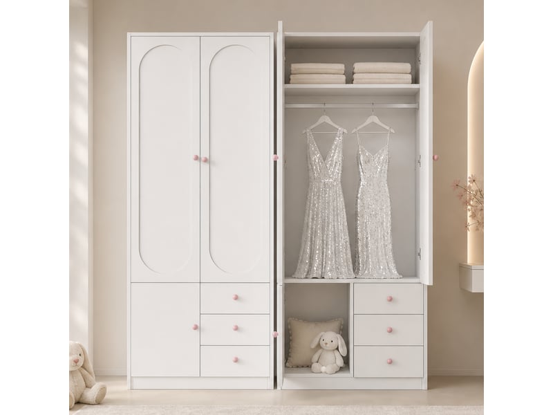 Armoire 2 portes avec tiroirs, penderie, finition blanche, poignées roses, grand rangement, 2 pièces - Conforama D