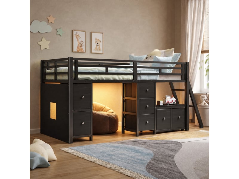 Lit enfant 90 × 200 cm semi-mezzanine avec 7 tiroirs, étagère ouverte, led et espace de jeu pour chambre, noir - Conforama B