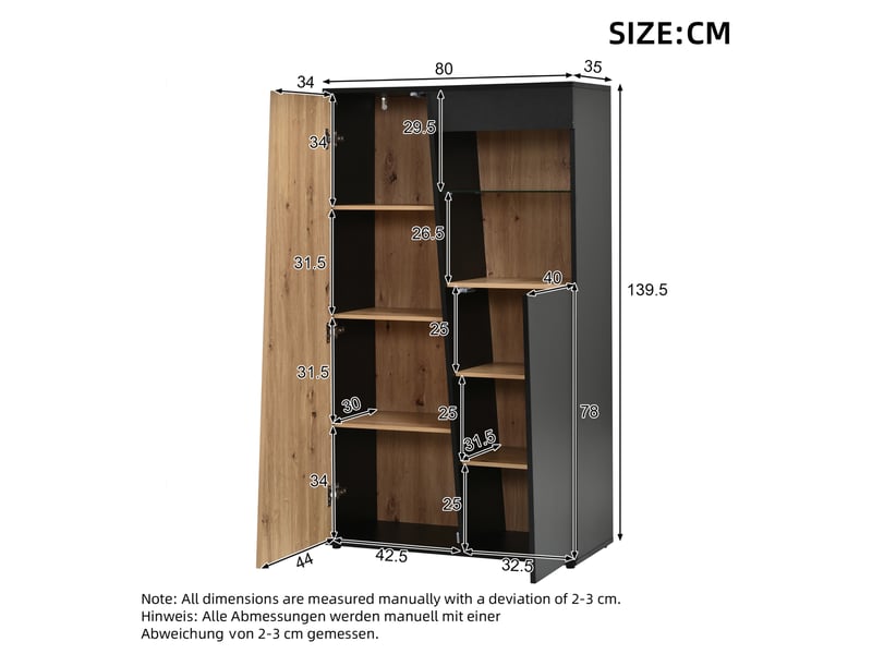  Vitrine haute led noire et bois clair, 2 portes, 7 étagères et verre réglable pour exposer vos objets  - Conforama C