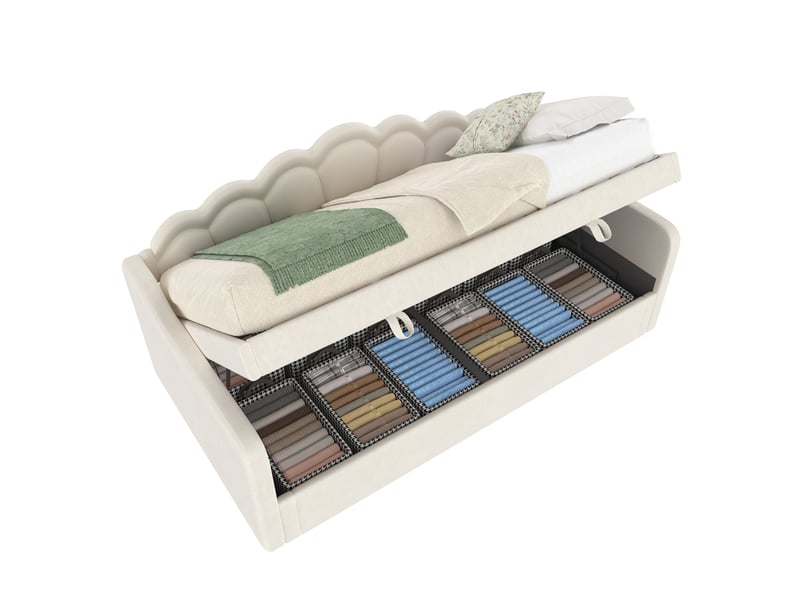  Lit coffre enfant 90x200cm avec éclairage led multicolore, design ondulé, velours, beige, sans matelas  - Conforama A