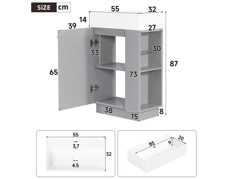  Meuble vasque salle de bain 55x32x87 cm, pose libre, façade rainurée, porte fermeture douce, céramique, gris  - Conforama C