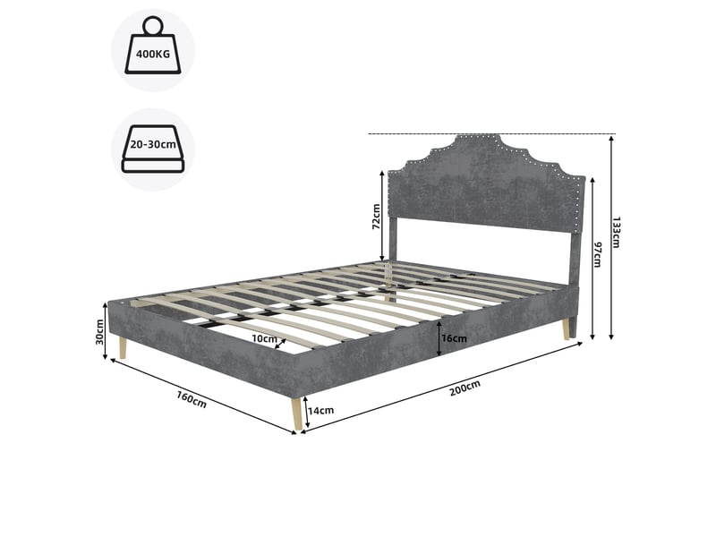  Lit 160x200 cm gris minimaliste tête molletonnée coffre tiroirs bas sans matelas  - Conforama C