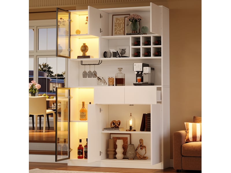  Vitrine haute 120x33x200 cm, 6 portes et 2 tiroirs, éclairage led, panneau de particules, blanc  - Conforama C