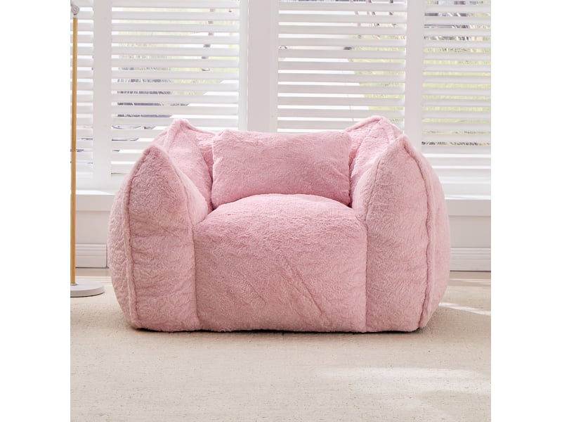  Fauteuil pouf avec dossier enveloppant et coussin, rembourrage en mousse, en fausse fourrure rose  - Conforama E