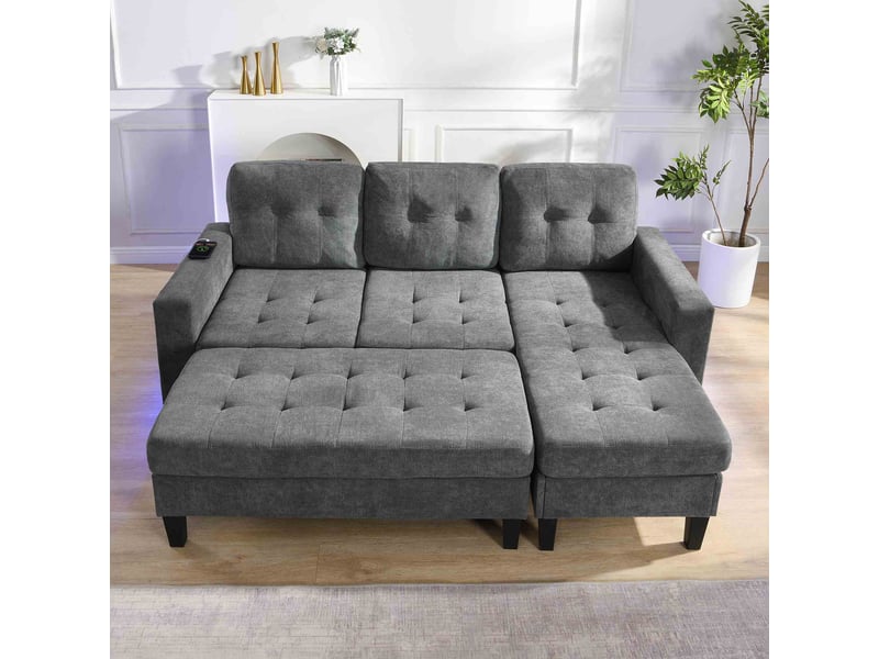  Canapé d’angle modulable 3 places 185x135x85 cm avec méridienne, pouf coffre mobile, éclairage led, canapé convertible port usb et rangement - gris  - Conforama D