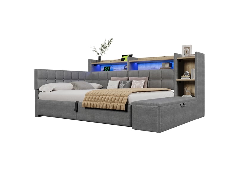 Lit coffre hydraulique 140x200 cm avec led multicolore, usb et usb-c et banc coffre, velours gris foncé, sans matelas - Conforama A