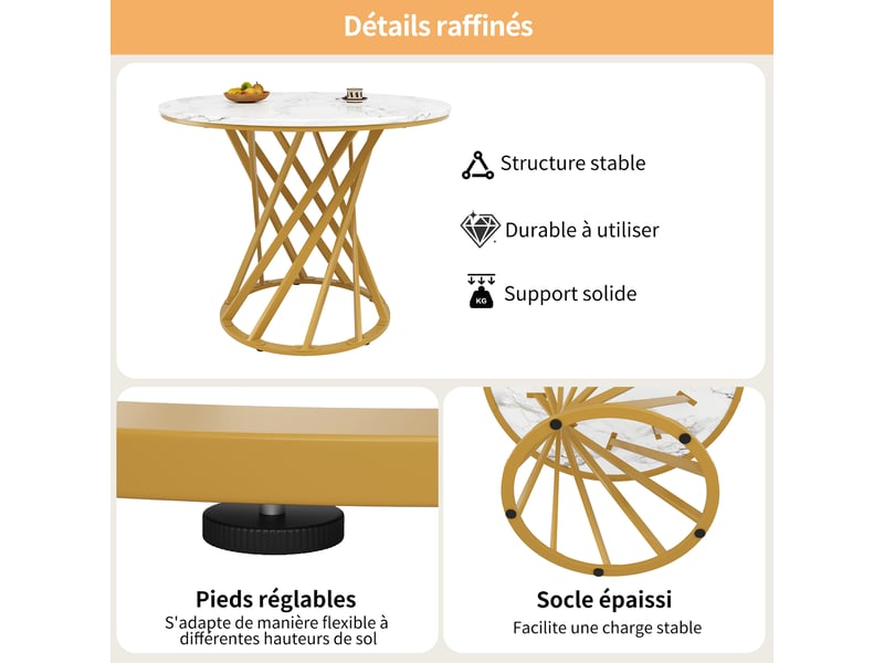  Table ronde design ø 80 cm, effet marbre, pieds en métal doré, plateau mdf, blanc élégant  - Conforama D