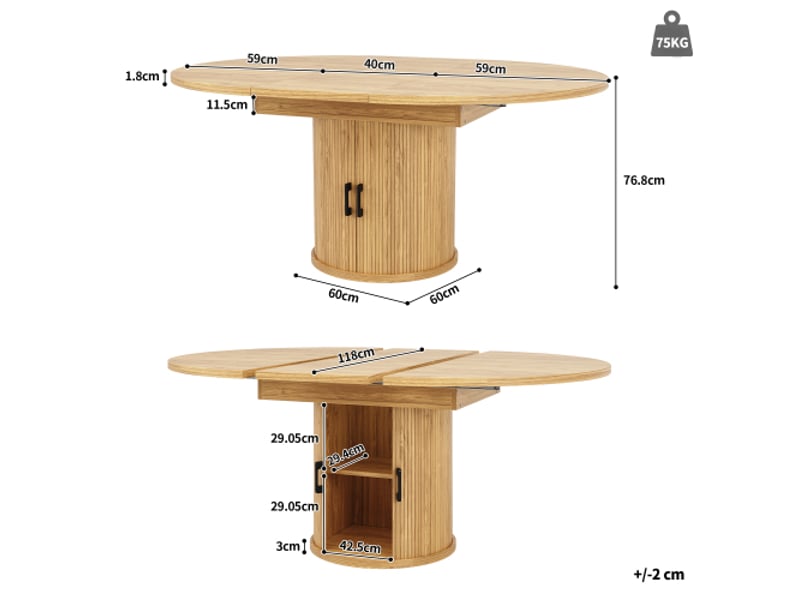  Table ronde extensible aspect naturel 118-158 cm avec plateau agrandissable, table repas multifonction pour cuisine, balcon et sal N620P308799800D - Conforama C