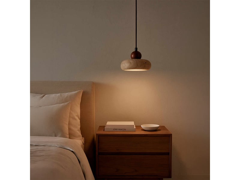  Suspension design ronde en travertin et bois effet noyer iris  - Conforama D