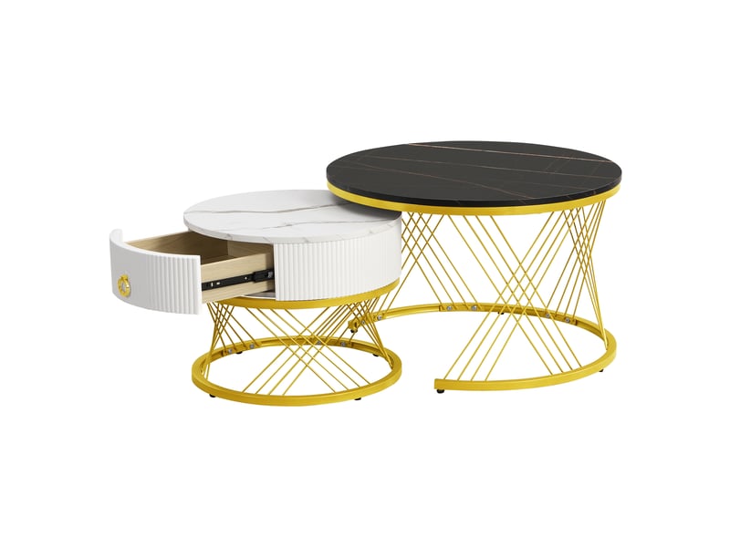  Table basse gigogne lot de 2, effet marbre, décor doré, avec tiroirs  - Conforama E