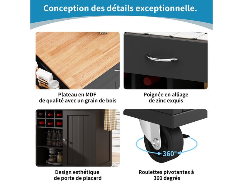  Desserte de cuisine à roulettes avec séparateurs réglables et casier à vin, en mdf et métal noir, 102×45×92 cm  - Conforama E