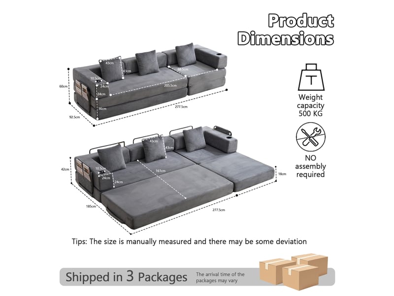 Canapé convertible 277.5x92.5x60 cm 3 places avec porte-gobelets et poches latérales — gris foncé sans matelas  - Conforama E