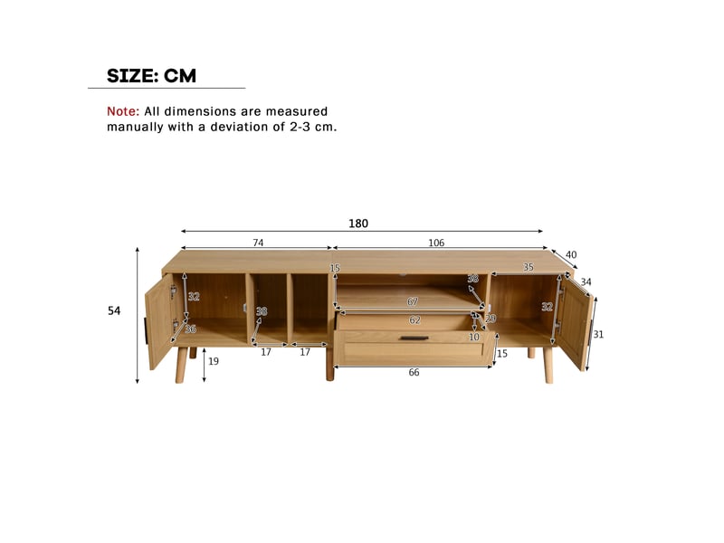  Meuble tv modenvie 180 x 40 x 54 cm avec 2 portes, tiroir et rangement chêne clair  - Conforama C
