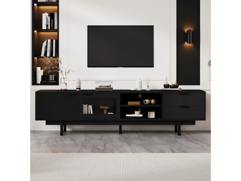  Meuble tv moderne et épuré 200 x 40 x 50,5 cm, doté de 2 portes et 2 tiroirs. Ce meuble offre un grand espace de rangement, supporte une charge totale de 45 kg et convient aux téléviseurs jusqu'à 80 pouces. Couleur : noir.  - Conforama B