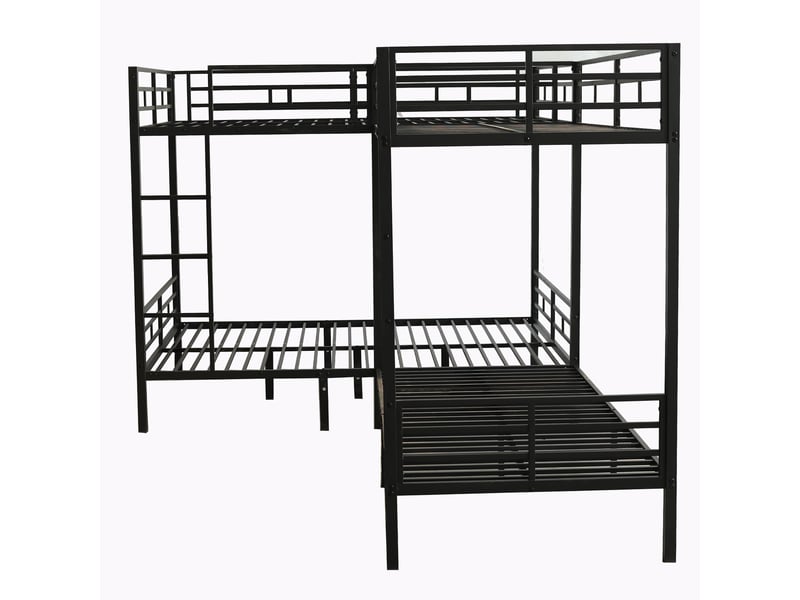  Lit en fer, lit superposé, échelle à trois marches, sommier à lattes robuste, configuration multi-lits, lits de différentes tailles, fer, noir, 90x200cm et 140x200cm  - Conforama E