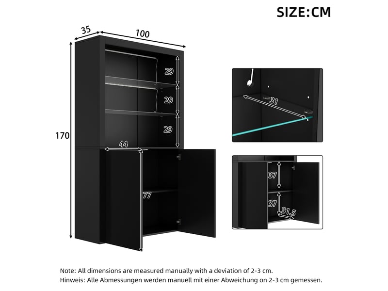  Vitrine haute noire 100 x 35 x 170 cm – led avec contrôle app – 2 portes et rangement vitré  - Conforama C