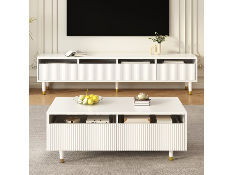  Ensemble de meubles modernes avec éclairage LED, comprenant des portes d'armoires en forme de vague et des panneaux acryliques, blanc  - Conforama D