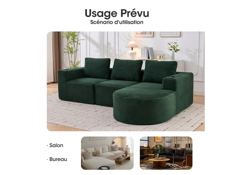 Canapé 2 places en velours côtelé compact 265 cm avec méridienne, 3 coussins et porte-gobelets - Conforama W