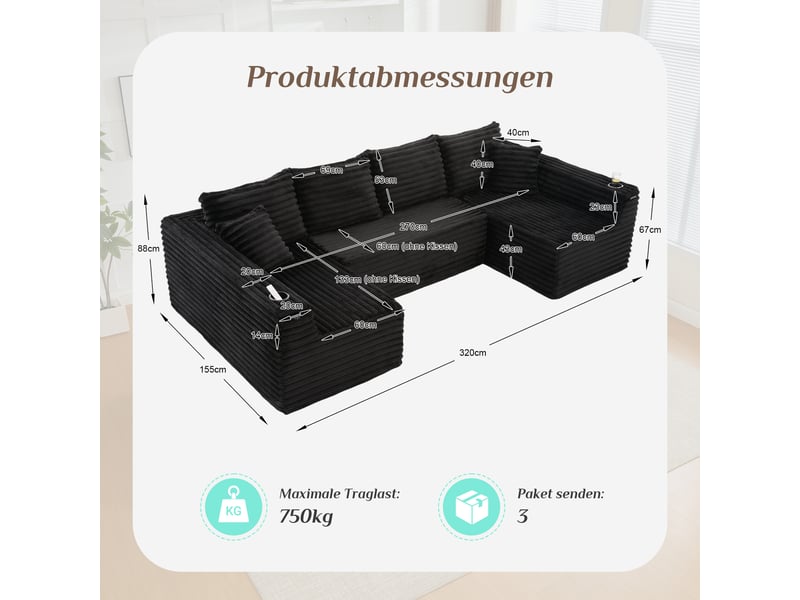  Canapé d'angle panoramique fixe 6 places tissu noir canapé compressible - Conforama C