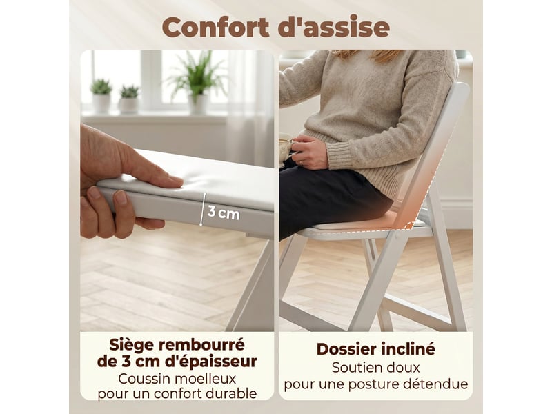  Lot de 4 chaises pliantes en résine et pu, chaises pliantes portables pour intérieur et extérieur, blanc, 45x44x78cm  - Conforama E