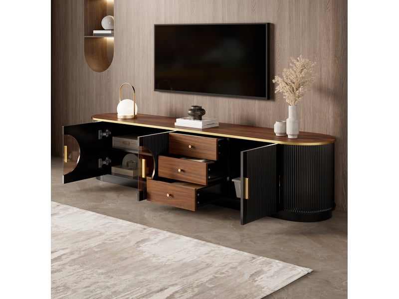  Meuble tv noir 180x40x46 cm avec 3 portes, 3 tiroirs, verre brun et structure en mdf  - Conforama D