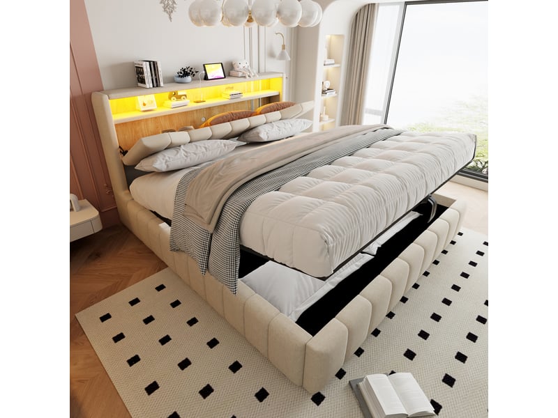  Lit coffre rembourré 180x200 cm, rangement hydraulique, tête de lit avec rangement, led, usb et usb-c, lin, métal et mdf, beige OMNIGLINT TRADING LTD - Conforama B