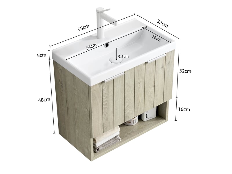  Meuble sous vasque mural avec 2 portes et étagère ouverte, vasque en céramique, salle de bain, 62×39×61 cm  - Conforama D