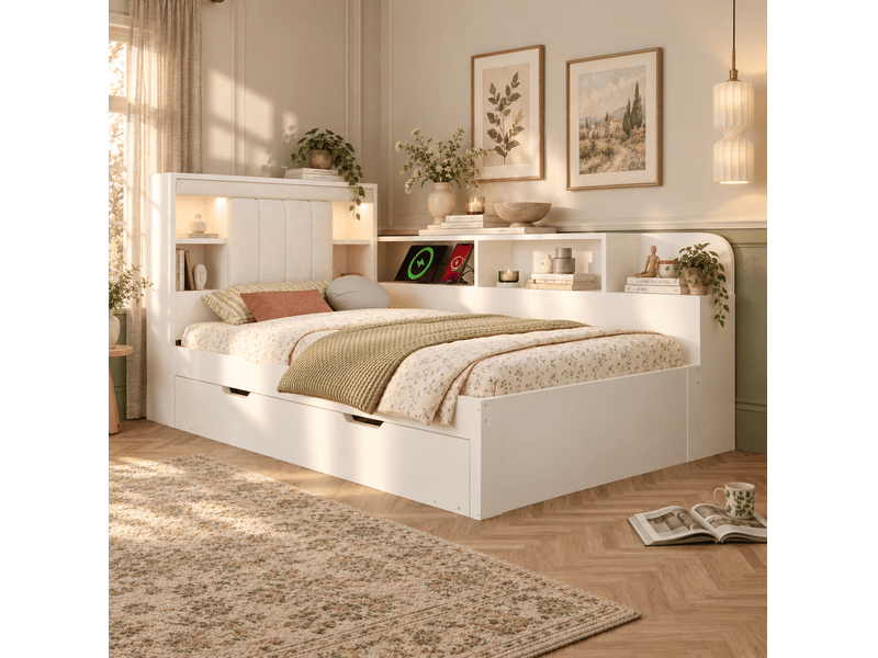  Lit gigogne 90x200 cm avec éclairage et usb, tête de lit avec rangement, bois, couleur blanc sans matelas  - Conforama B