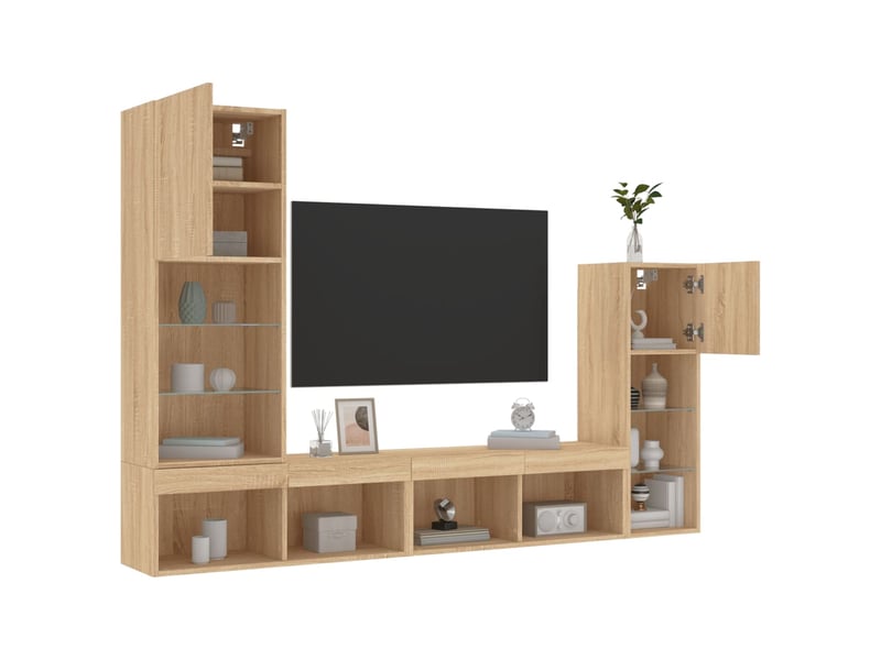  Unités murales tv avec led 4 pcs chêne sonoma bois d'ingénierie  - Conforama E