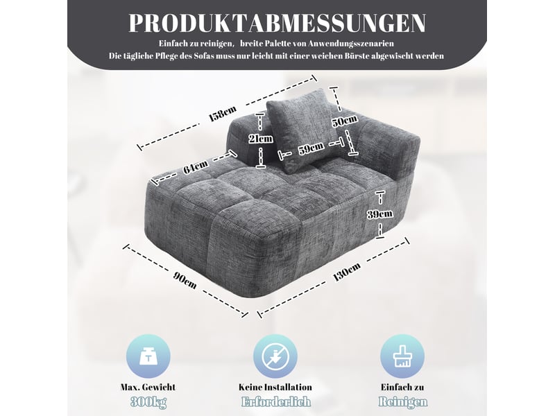 Chaise longue fixe 1 place en tissu gris 158 cm avec coussin et poches latérales, idéale pour votre salon - Conforama C