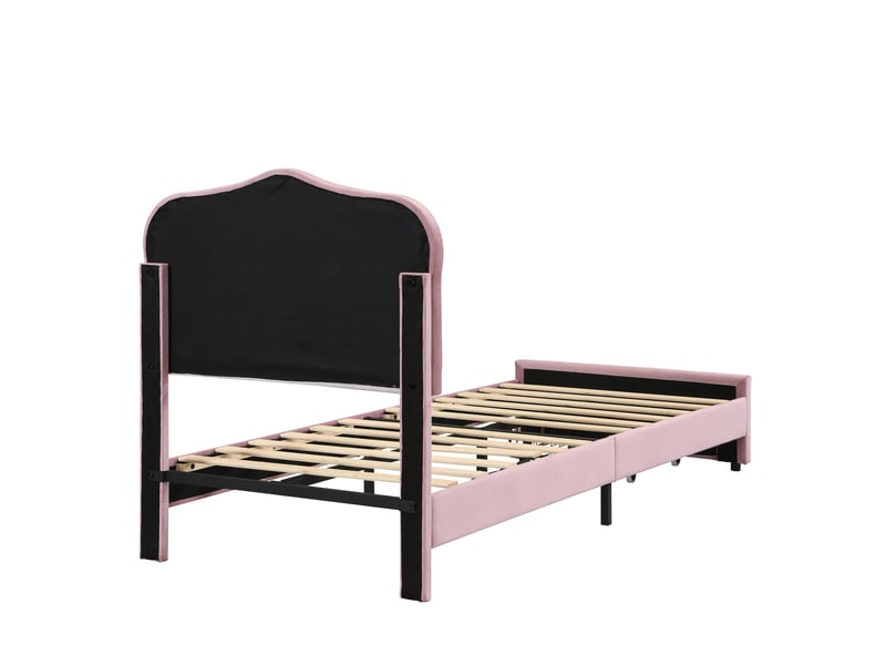  Lit enfant 90x200 cm en velours rose avec tiroir, tête de lit, éclairage led via application, sans matelas  - Conforama D