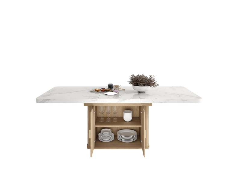  Table à manger extensible 150-200 x 90 x 75 cm, 6-8 personnes, rangement intégré, plateau épais et coins arrondis, blanc marbré  - Conforama A