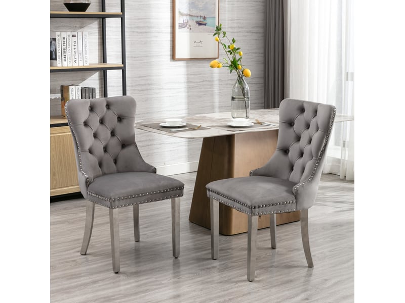  Lot de 2 chaises de salle à manger en velours gris avec pieds chromés  - Conforama B