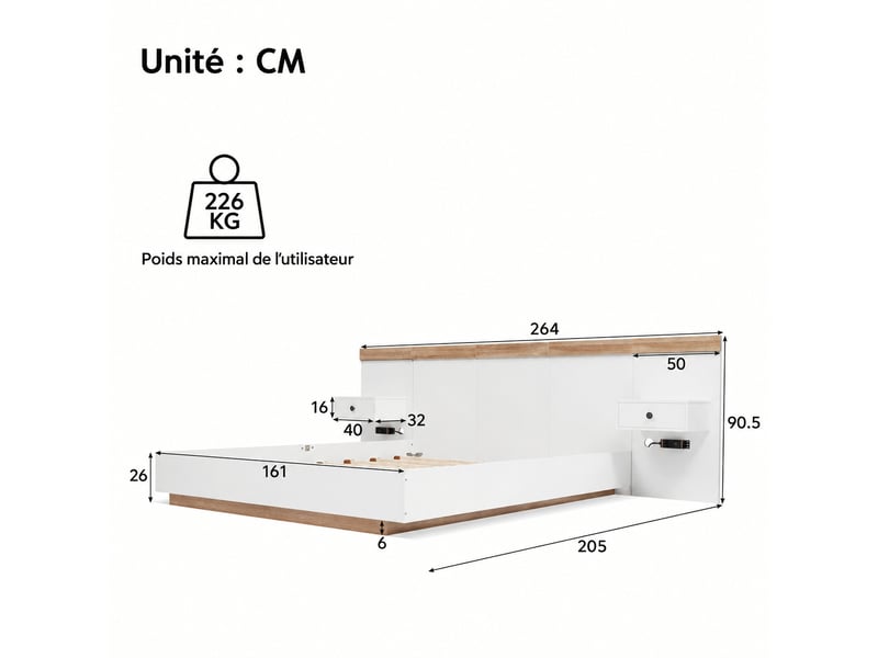  Lit double 160 x 200 cm avec 2 chevets led, usb-c, blanc et décor chêne sonoma  - Conforama C