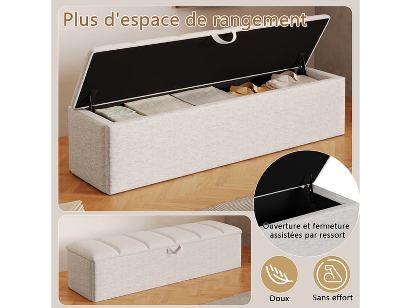  Pouf de salon - tabouret de chevet, tabouret de canapé, mobile, avec compartiment de rangement, 113 x 32 x 36 cm, blanc  - Conforama R