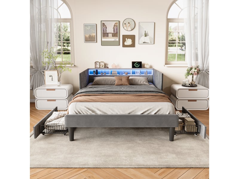  Lit avec 2 tiroirs 140x200, lit double adulte rembourré avec éclairage led et ports usbtype-c, tête de lit avec rangement, velours, moderne, gris  - Conforama C