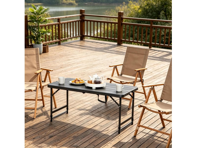 Table de jardin ulevr pliante à hauteur réglable, 118 x 60 x 74 cm, 4 personnes, plateau en hdpe gris foncé et structure en acier noir - Conforama E