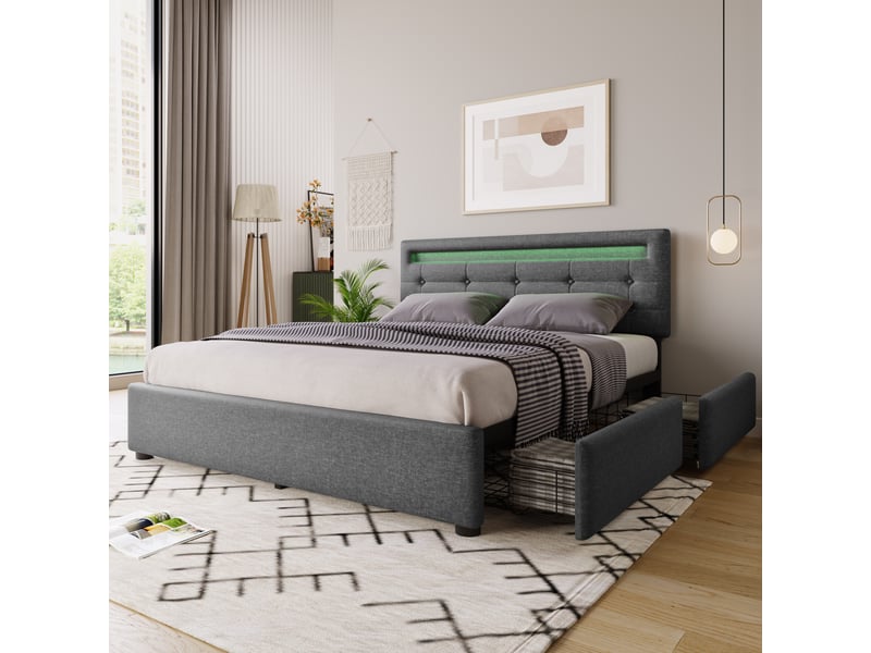  Lit 140x200 cm led tête réglable, 4 tiroirs, sommier bois, double capitonné gris  - Conforama B